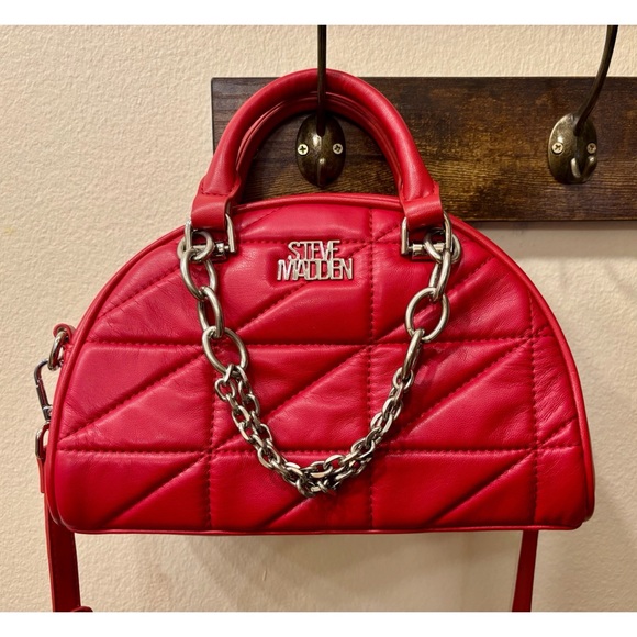 Steve Madden Bold Red Quilted Bowler Satchel Handbag - Picture 2 of 5